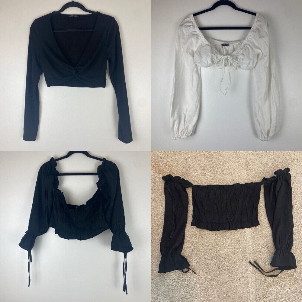 Shein Women's Peasant Long Sleeve Cropped Blouse Bundle Size M White Black